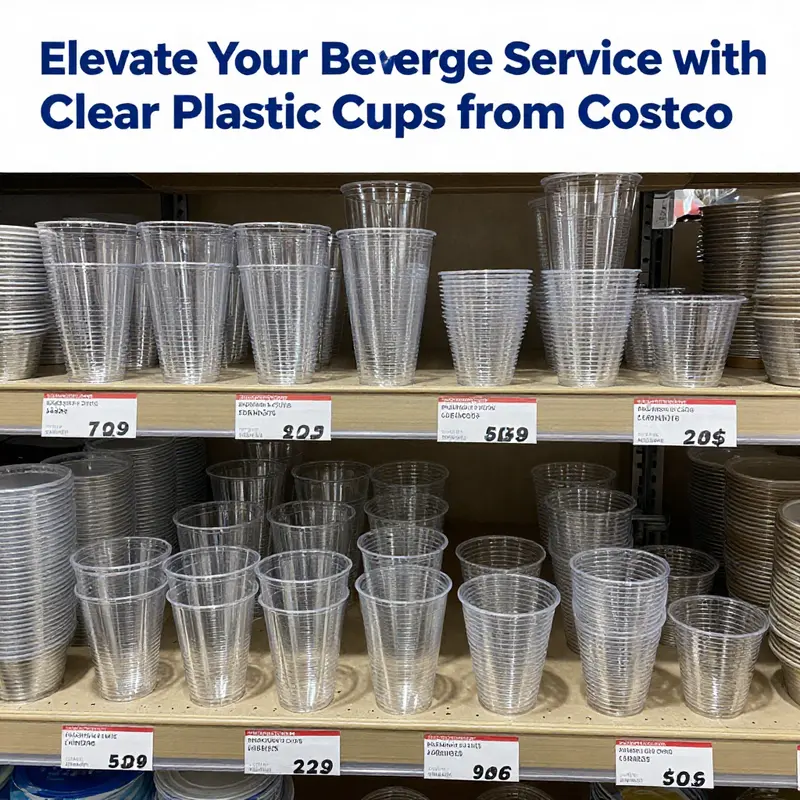 A showcase of the diverse sizes and pricing options for clear plastic cups available at Costco.