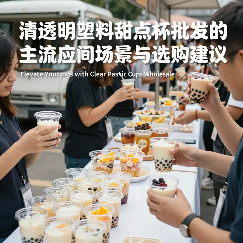 An array of clear plastic dessert cups displaying various capacities and applications in a food service setting.