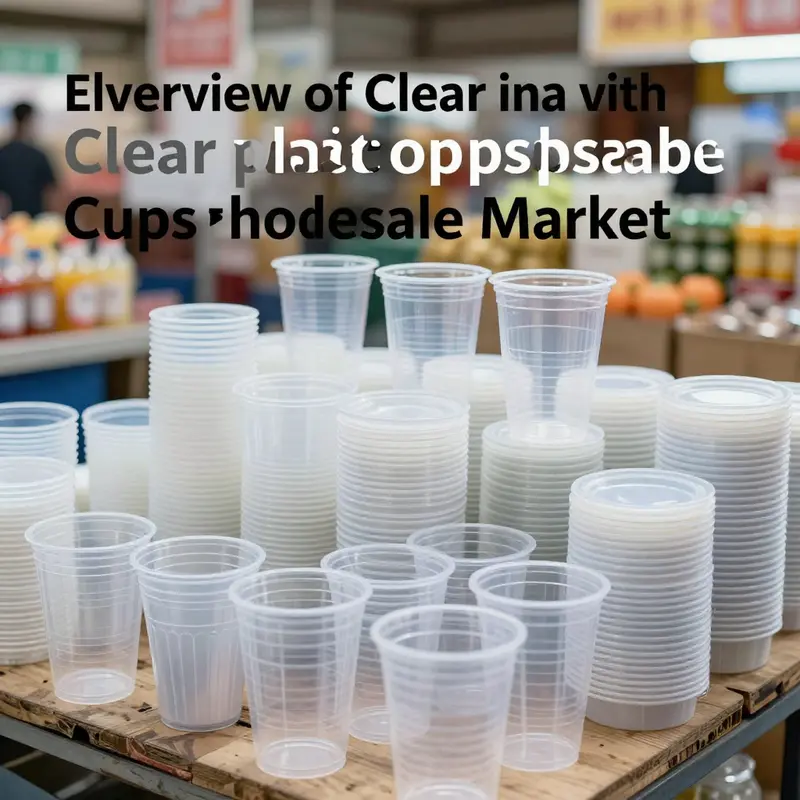 A variety of clear plastic disposable cups readily available at a wholesale market.