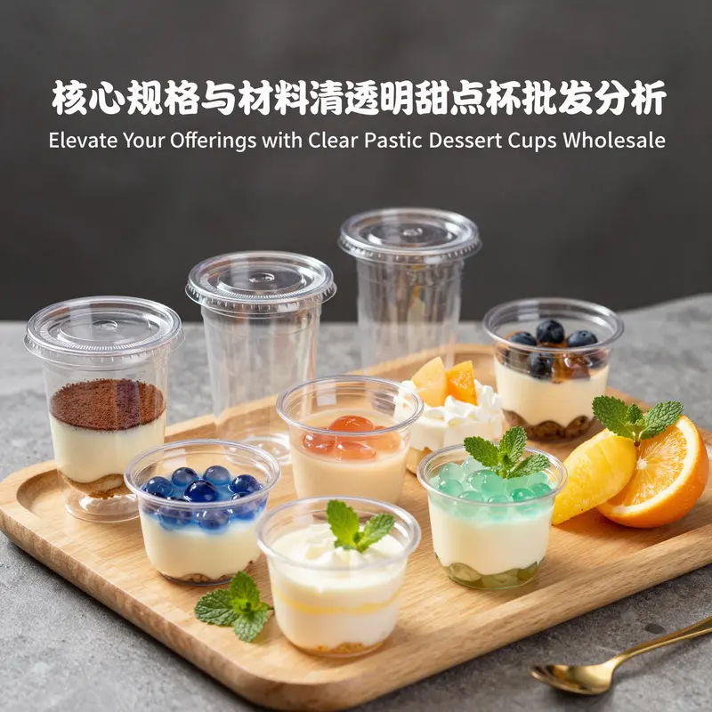 An array of clear plastic dessert cups displaying various capacities and applications in a food service setting.