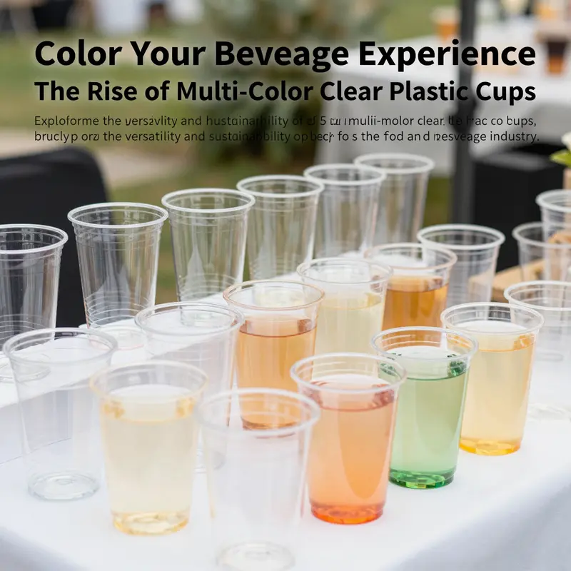 An assortment of colorful 5 oz clear plastic cups artistically displayed at an outdoor event.