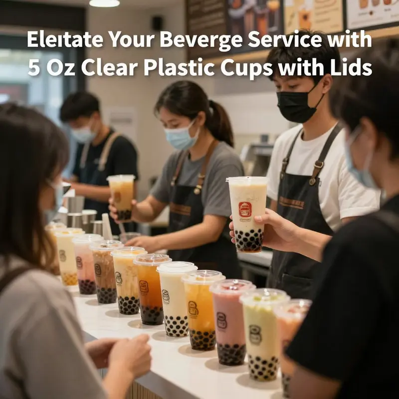 An assortment of 5 oz clear plastic cups with lids filled with delightful drinks and desserts.