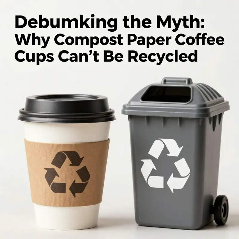 An illustration of the confusion surrounding the disposal methods for compost paper coffee cups.