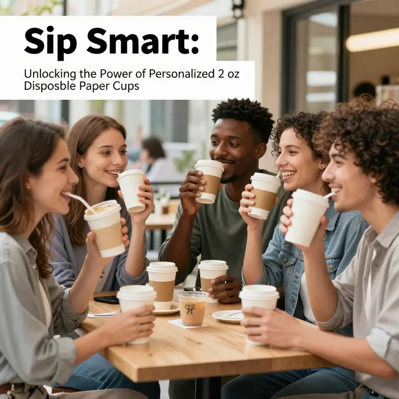 Various designs of personalized 2 oz disposable paper cups highlight branding creativity for cafes and beverage businesses.