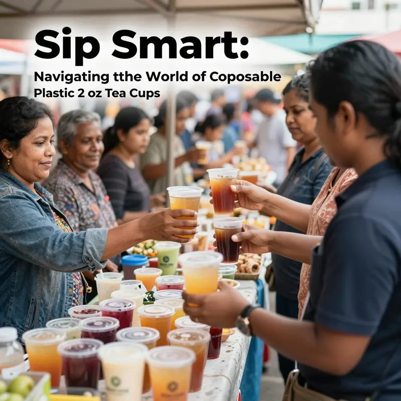 An assortment of disposable plastic 2 oz tea cups featuring diverse designs and vibrant beverages, representing their popularity and versatility.