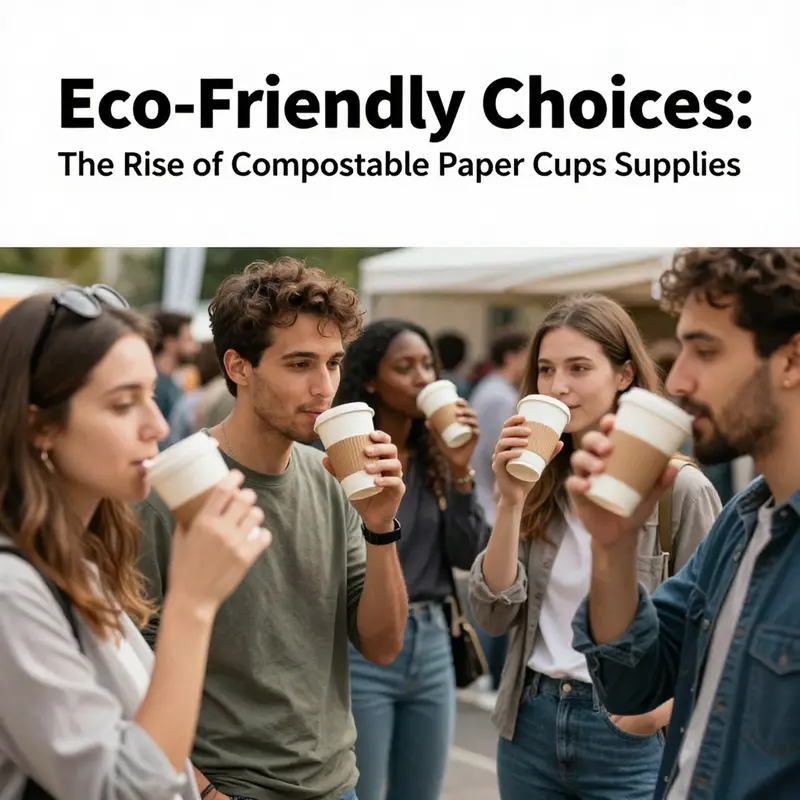 A bustling market exhibition showcasing diverse compostable paper cup designs and suppliers engaging with potential buyers.