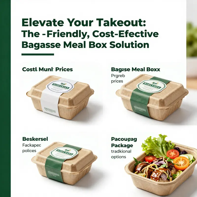 Variety of biodegradable bagasse meal boxes highlighting their eco-friendly attributes.