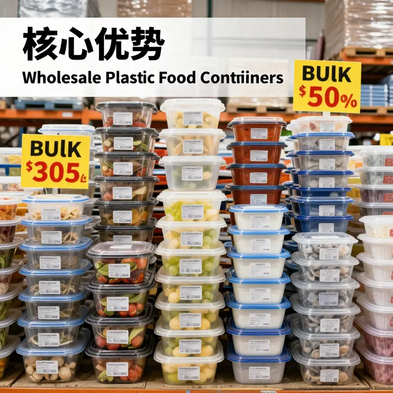 An array of bulk plastic food containers emphasizing cost efficiency and benefits of wholesale purchasing.