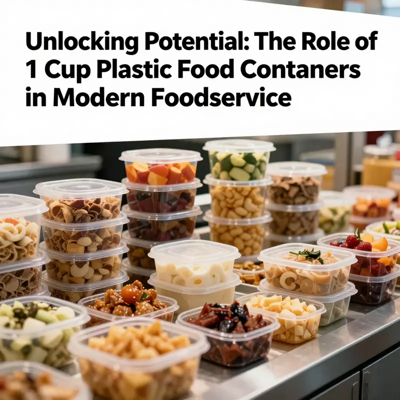 An array of 1 cup plastic food containers filled with different foods, showcased in a vibrant food service setting.