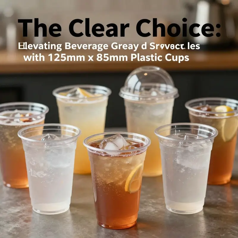 A visually striking montage of 125mm x 85mm clear plastic cups with a variety of drinks, representing their diverse applications in the beverage industry.