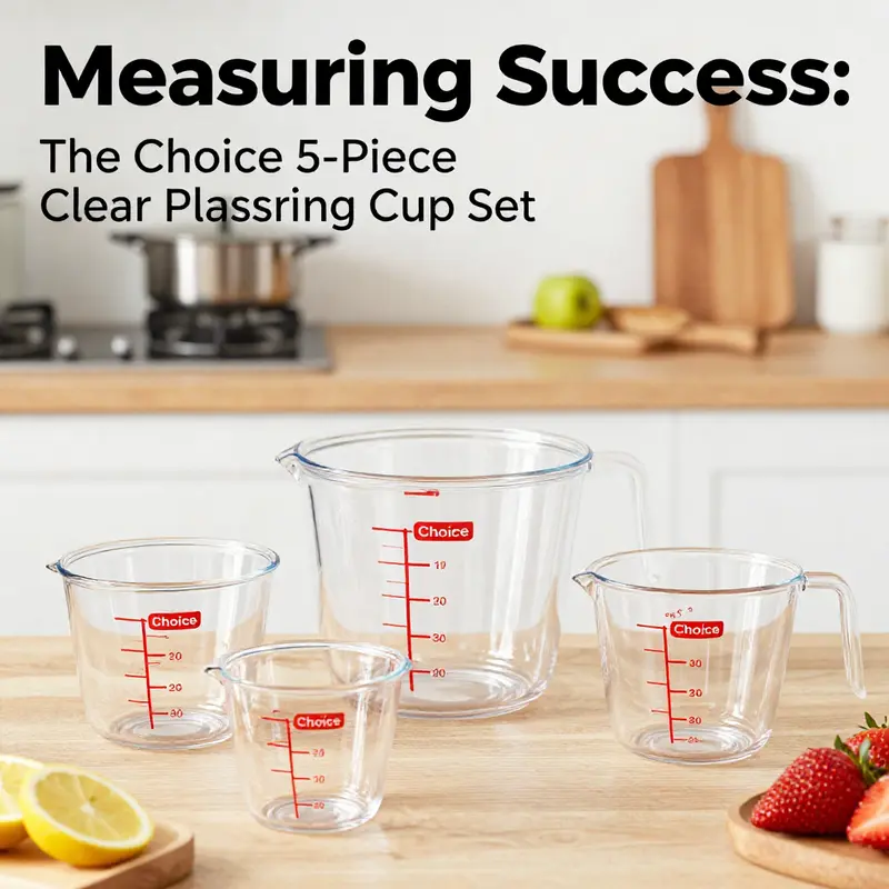 An organized kitchen featuring the Choice 5-Piece Clear Plastic Measuring Cup Set, ready for measuring ingredients.
