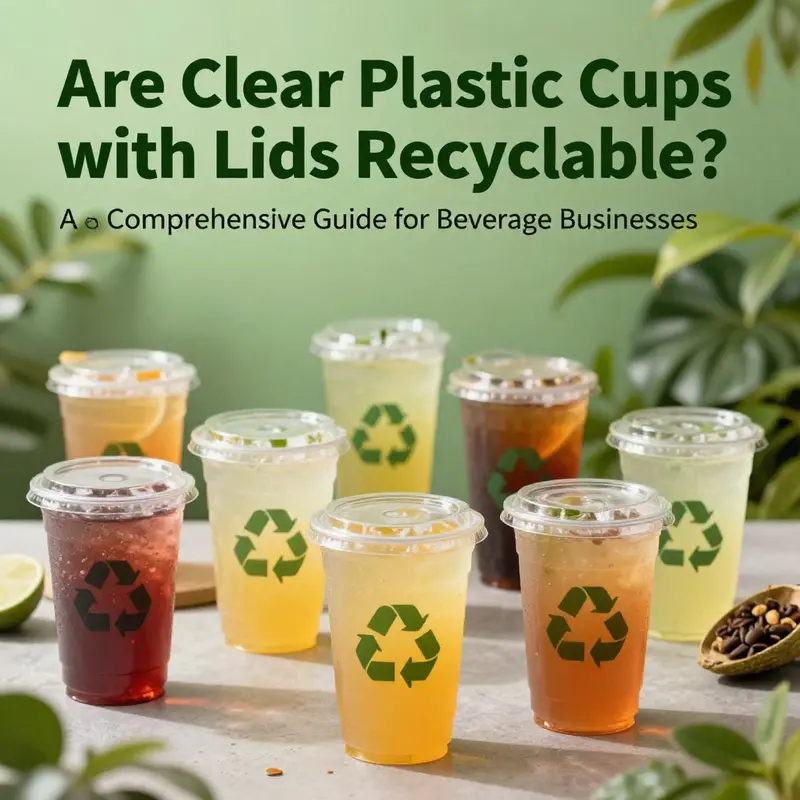 Various beverages in clear plastic cups with lids displayed against a sustainable backdrop, highlighting the importance of eco-friendly packaging.