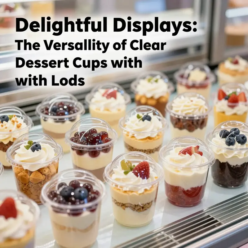 A vibrant arrangement of clear plastic dessert cups filled with an assortment of desserts, designed to attract customer attention.