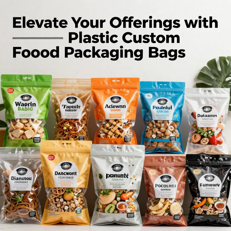 Colorful custom plastic food packaging bags displayed with a variety of food items.