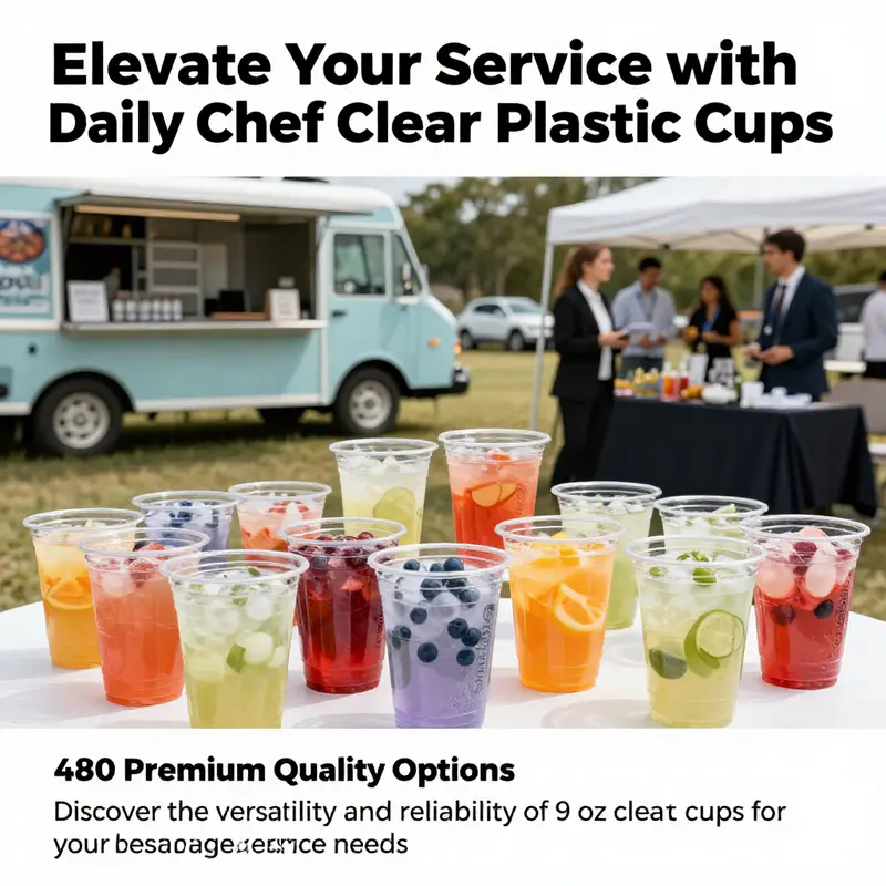 Daily Chef Clear Plastic Cups filled with drinks at a vibrant party, food truck, and professional setting.