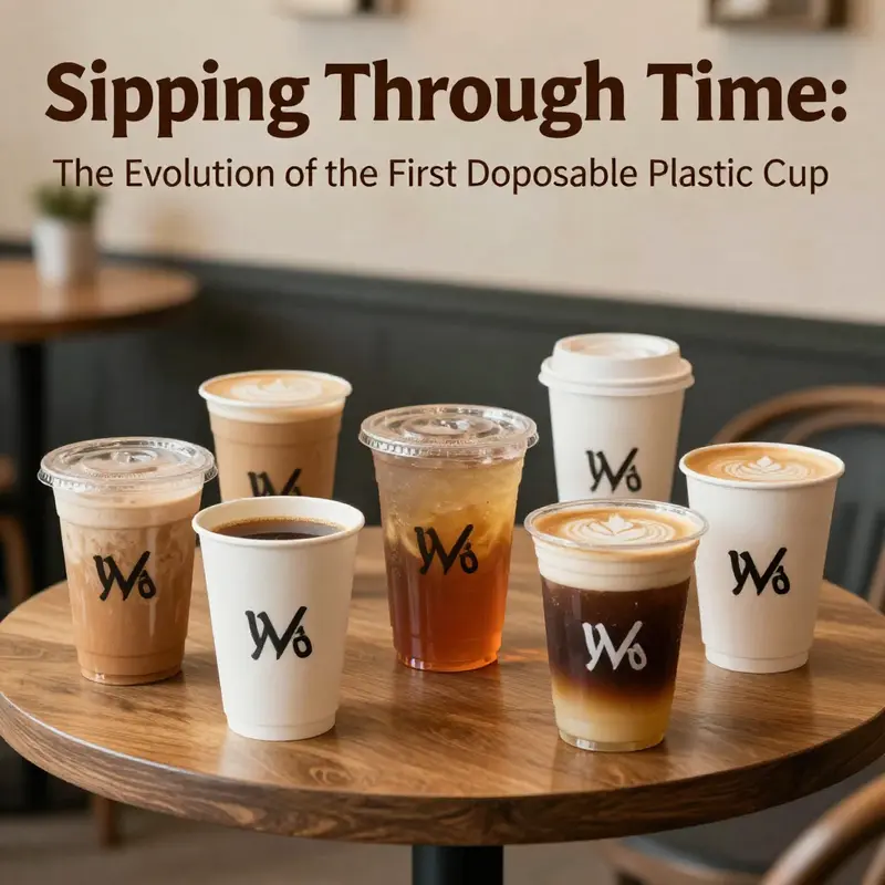 Artistic display of various disposable cups symbolizing their evolution in beverage service.
