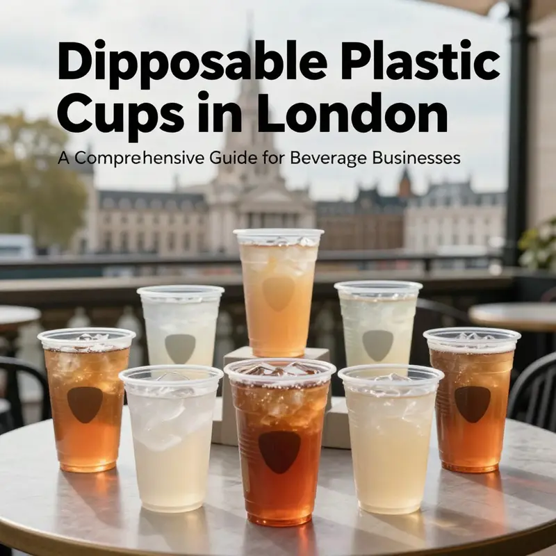 A beautiful display of colorful disposable plastic cups filled with drinks, with London scenery in the background.