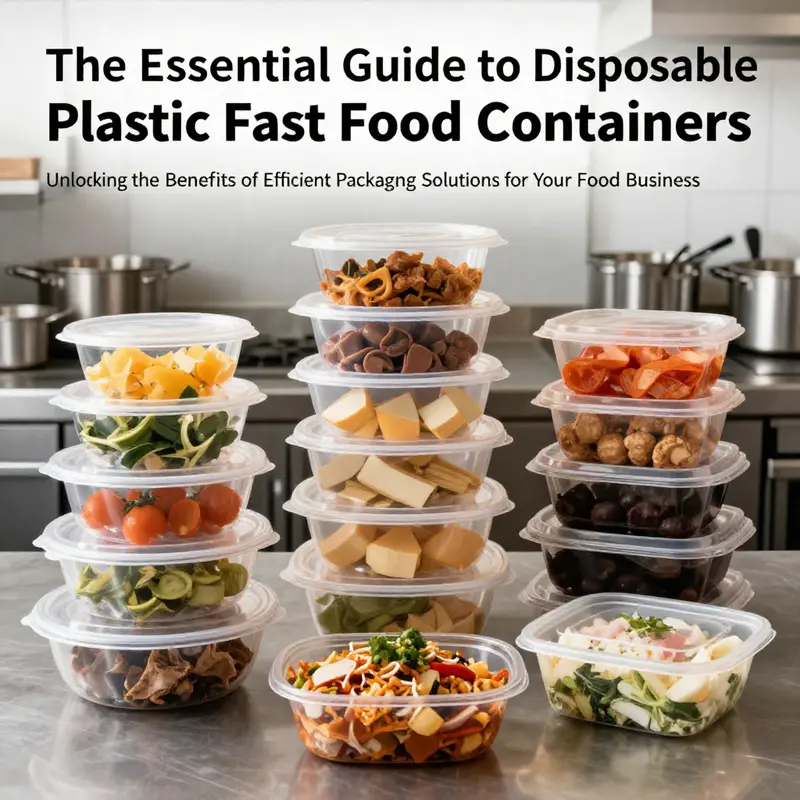 An assortment of disposable plastic fast food containers used for different food items, set against a kitchen backdrop.