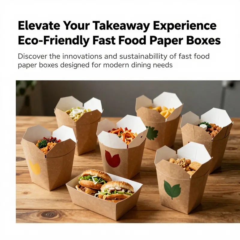 Array of eco-friendly fast food paper boxes on a table, filled with a variety of takeaway food items, depicting sustainability.