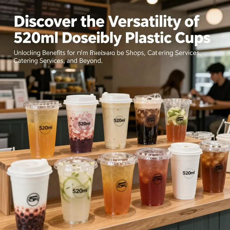A vibrant image showing 520ml disposable plastic cups filled with drinks in a café setting, showcasing their use in beverage service.
