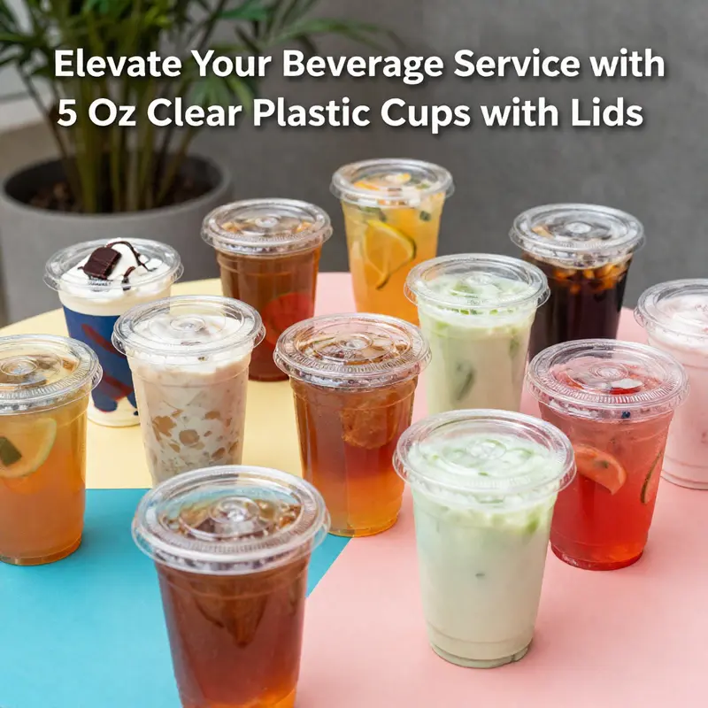 A colorful assortment of clear plastic cups with lids, displaying drinks and desserts, conveying versatility and appeal.