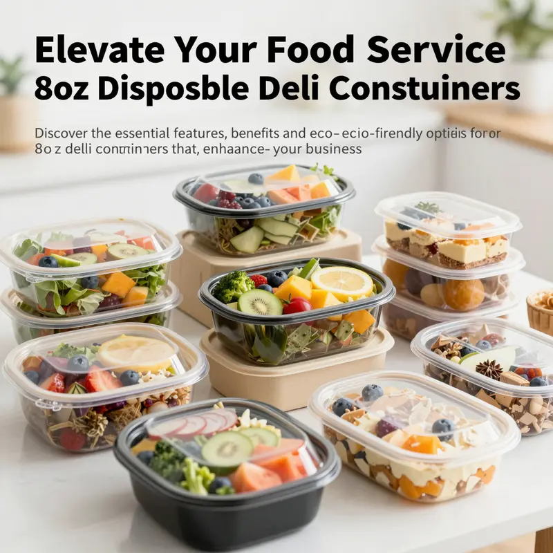 A colorful assortment of 8oz deli containers filled with various foods like salads and desserts, emphasizing their versatility.
