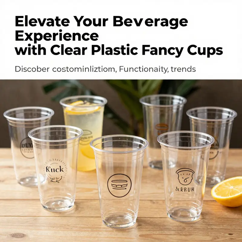 An array of clear plastic fancy cups displayed in different environments, showcasing their aesthetic versatility.