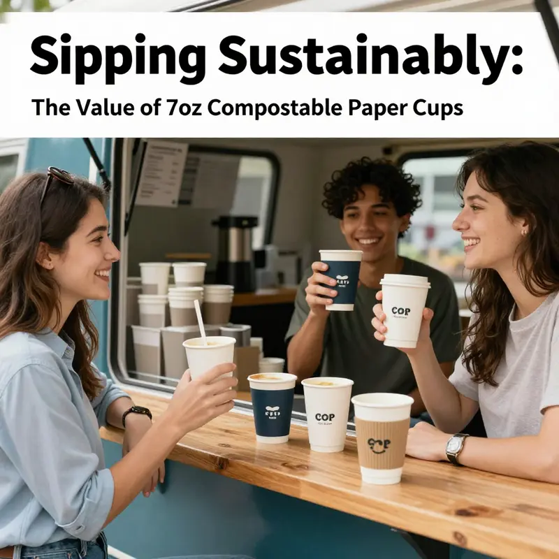 Customers at a café happily enjoying drinks in 7oz compostable paper cups, illustrating their real-world application.