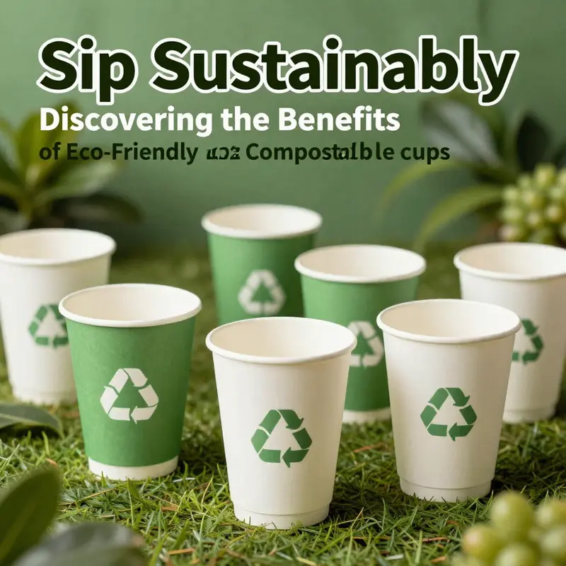 A collection of eco-friendly compostable paper cups set against a backdrop of lush greenery, representing sustainable choices.