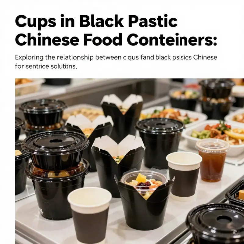 A vibrant food service environment illustrating the relationship of black plastic Chinese food containers with various beverage cups.