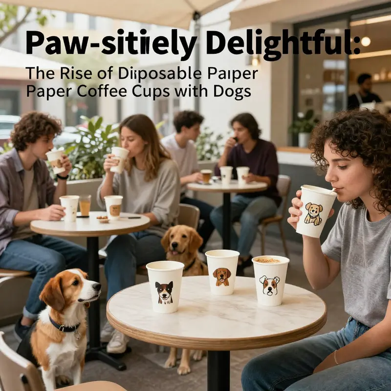 An outdoor café with people enjoying coffee, showcasing various colorful disposable cups with dog designs.