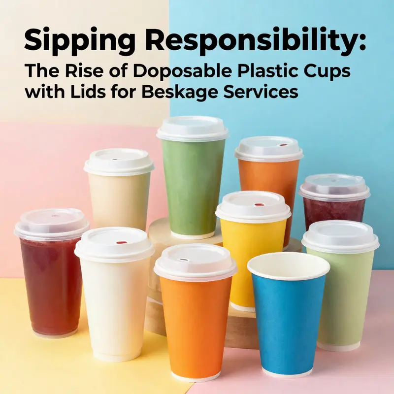 An appealing arrangement of different types of disposable plastic cups with lids in a colorful setting, relevant to beverage services.