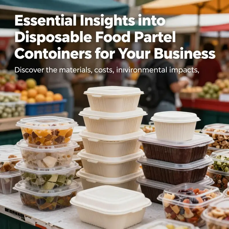 A colorful display of various disposable food packaging solutions in a busy food market setting.