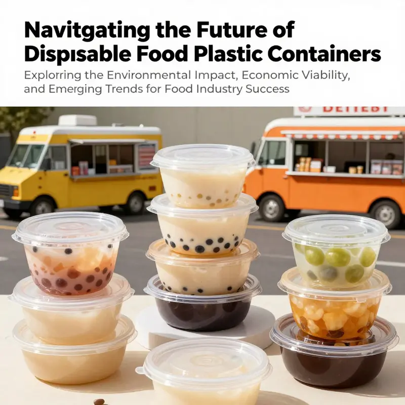 A colorful image displaying a variety of disposable food plastic containers utilized in food trucks, takeout, and catering settings.