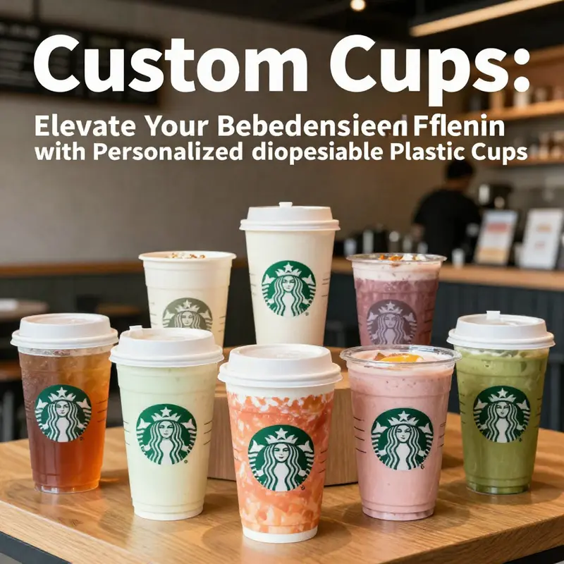 A colorful display of personalized disposable plastic cups in a café.