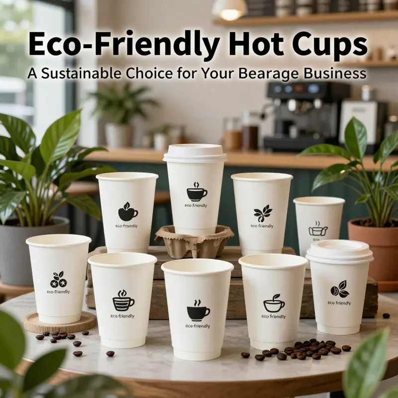 A collection of 8oz custom printed eco-friendly hot cups in a warm cafe environment, showcasing their eco-friendly design.