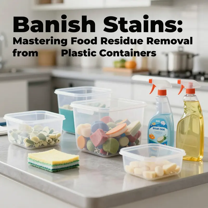 A clean and organized kitchen workspace featuring plastic containers and cleaning supplies, emphasizing efficient food residue removal.
