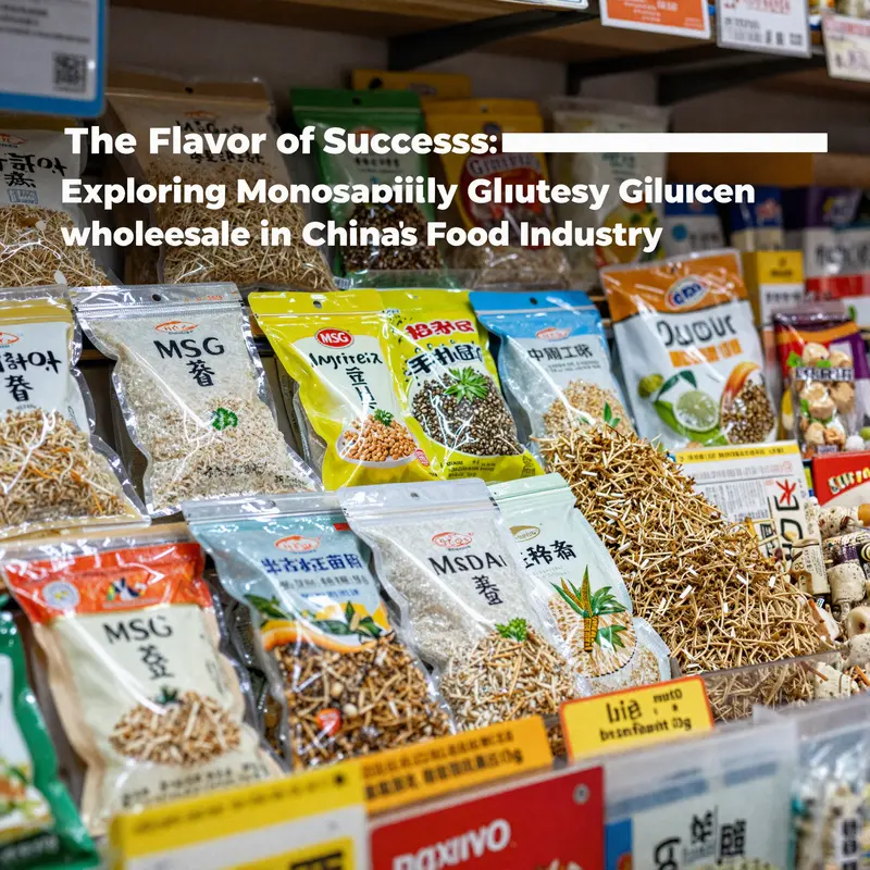 A colorful display of various monosodium glutamate-containing food products in a bustling market, representing the wholesale landscape.