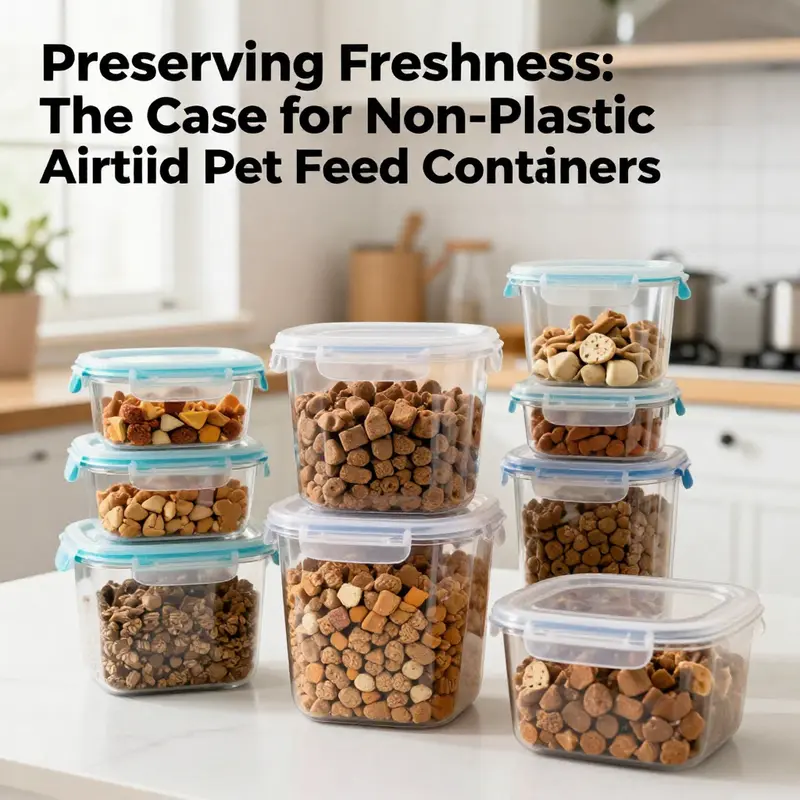A colorful assortment of non-plastic airtight containers showcasing various pet foods in a bright kitchen.