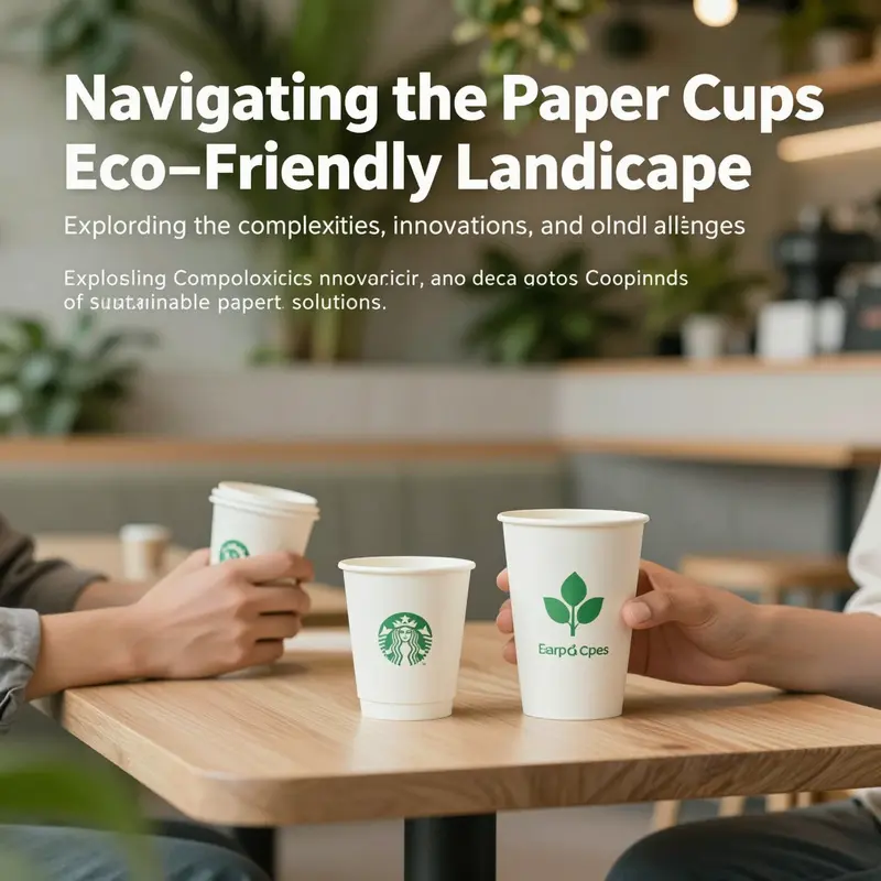 A vibrant café scene showcasing customers using eco-friendly paper cups amid greenery and sustainability themes.