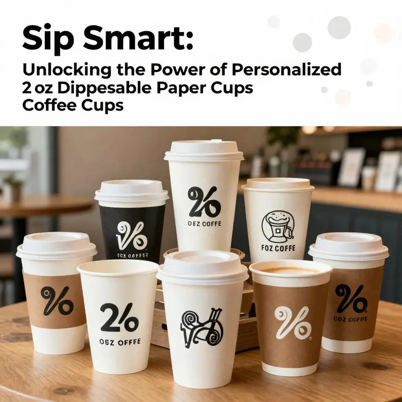 An assortment of personalized 2 oz disposable paper coffee cups displayed in a café setting.