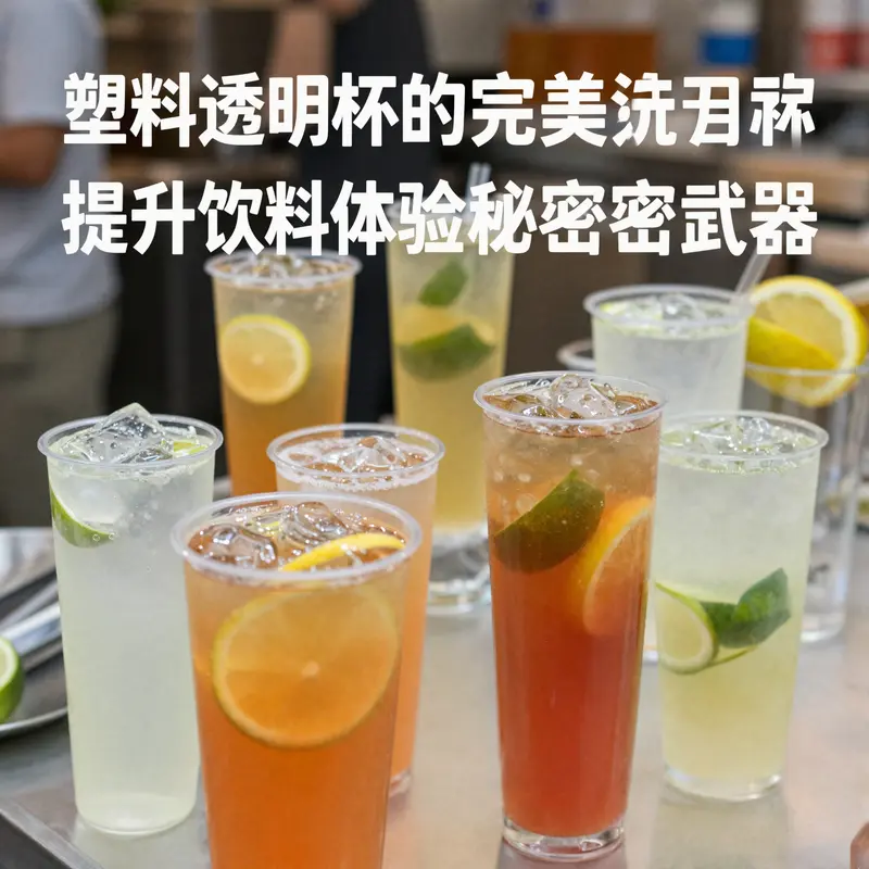 结合多款饮品和透明塑料杯的场景，展示泡沫茶店的氛围