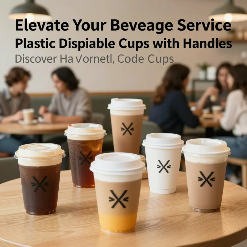 Diverse plastic disposable coffee cups with handles filled with beverages, set against a lively café backdrop.