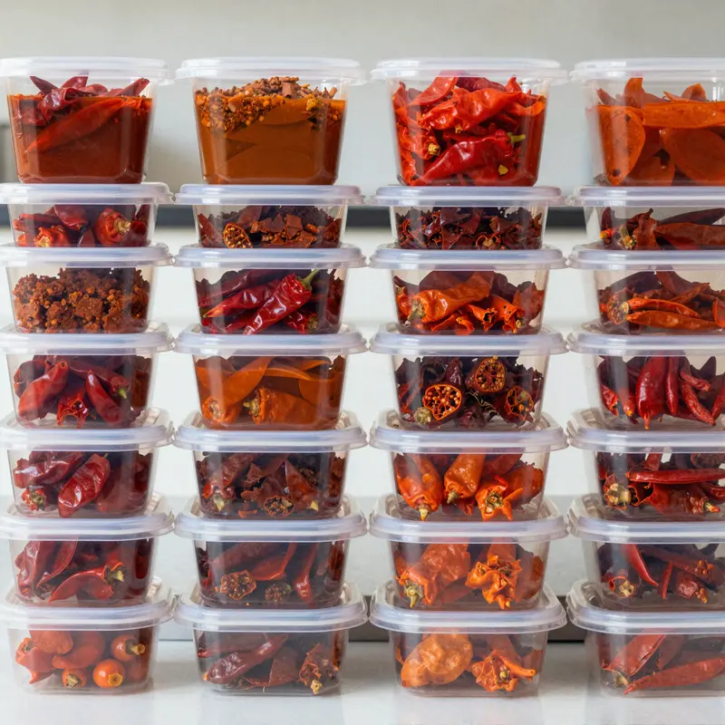 An assortment of colorful plastic containers filled with mostazal chile, neatly organized in a kitchen environment.
