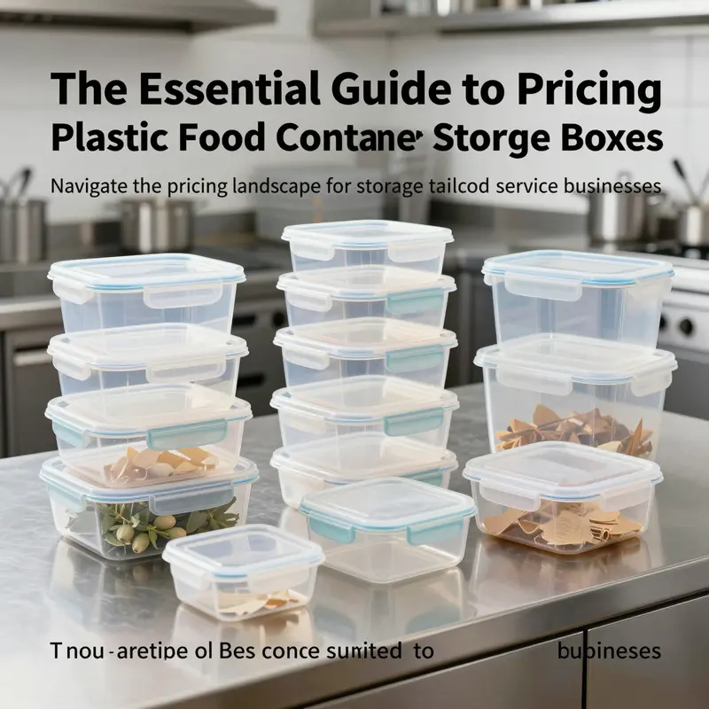 A variety of plastic food container storage boxes displayed on a kitchen countertop, highlighting size and design options.
