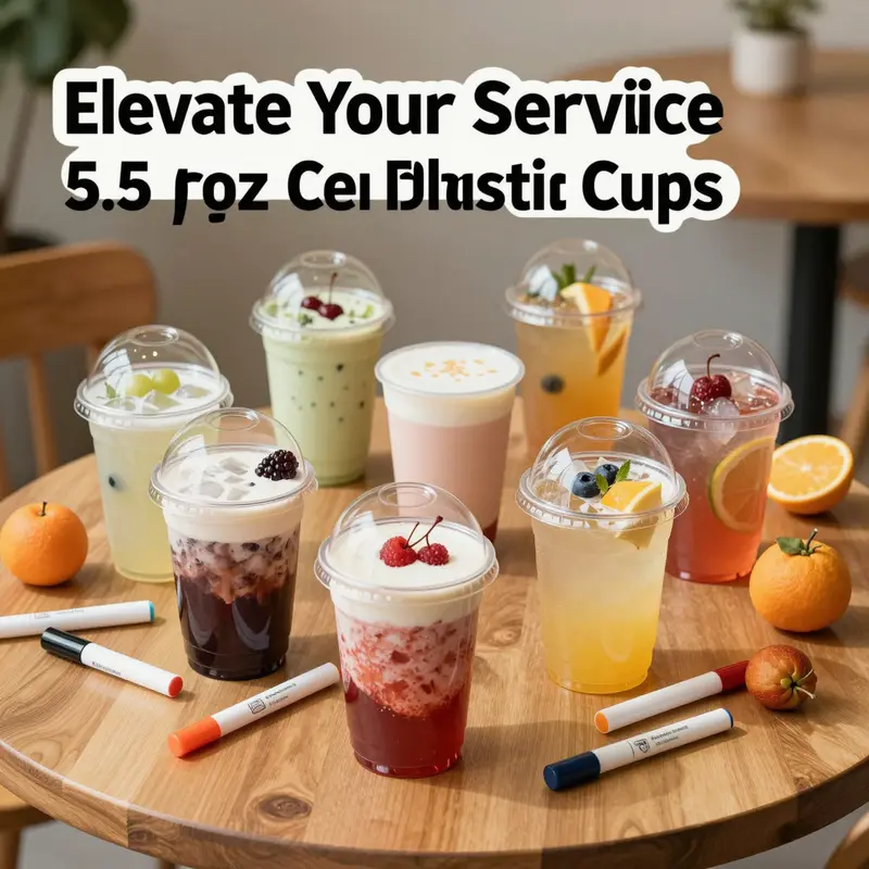 Colorful 5.5 oz clear plastic cups with domed lids filled with desserts, arranged beautifully on a wooden table.