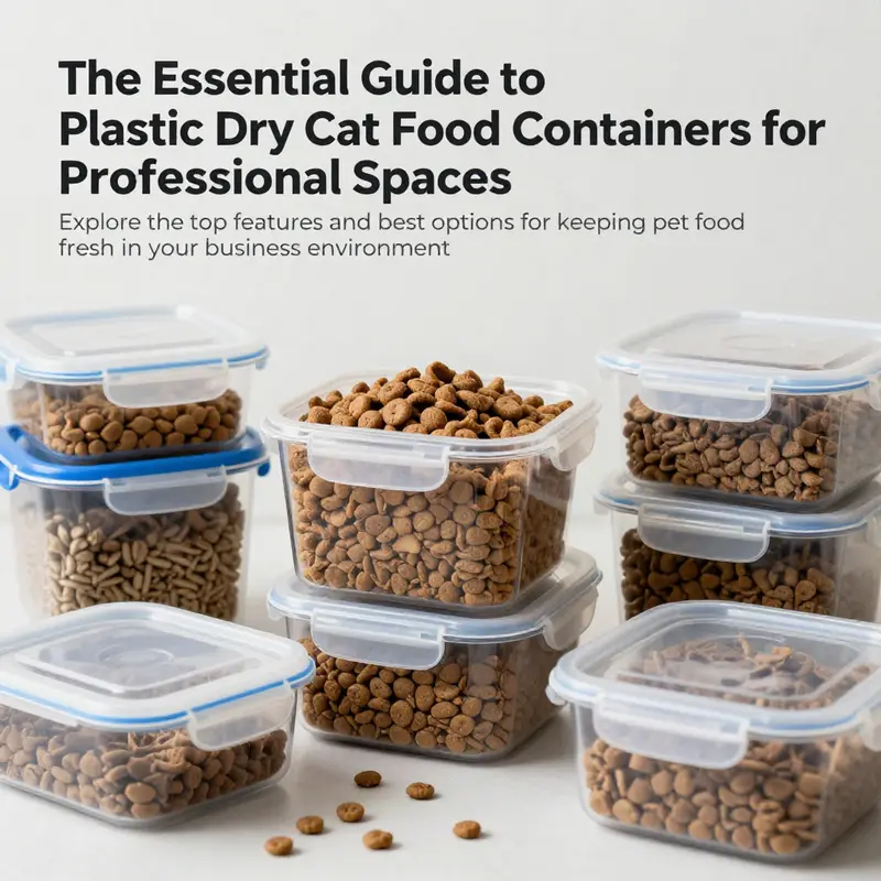 An array of plastic dry cat food containers showcasing different designs and sizes suitable for commercial and personal use.