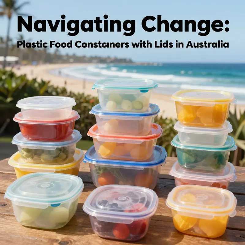 A colorful collage of plastic food containers with lids depicted with iconic Australian landscapes in the background.