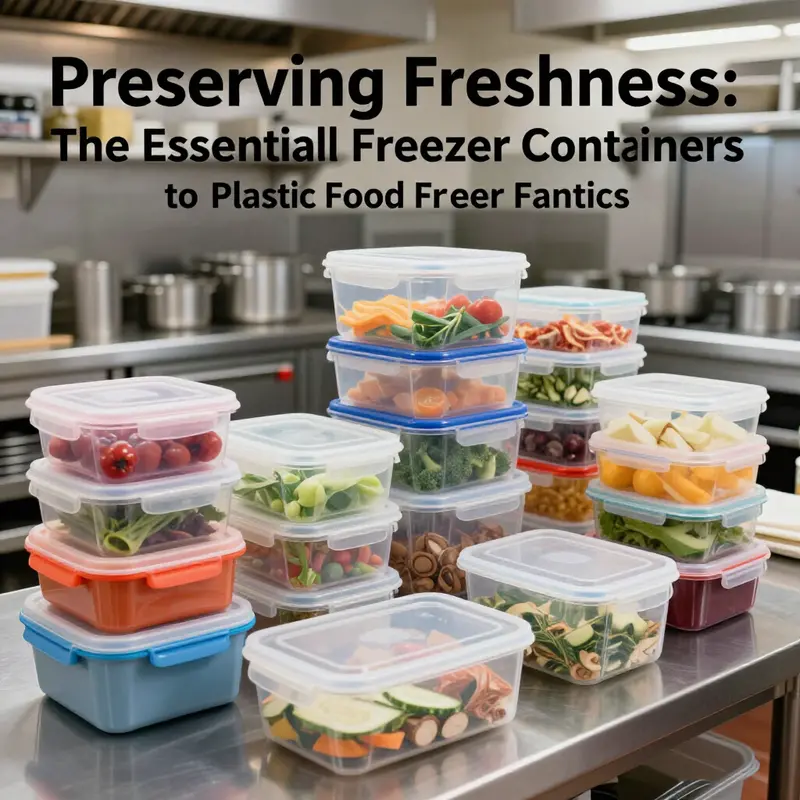 A vibrant restaurant kitchen filled with neatly organized plastic food freezer containers, showcasing their practical use in food service.