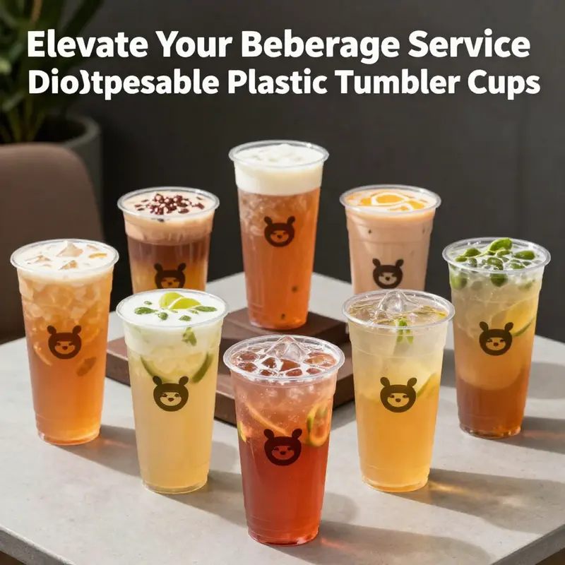 A stylish arrangement of disposable plastic tumbler cups filled with various drinks, exemplifying their use in service settings.
